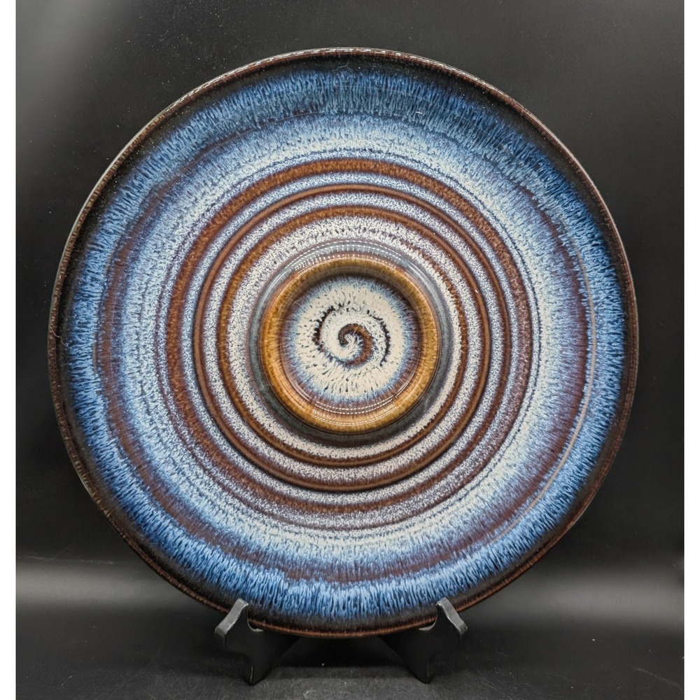 Bill Campbell  Studio Pottery Chip and Dip Platter Blue Amber Spiral Stoneware